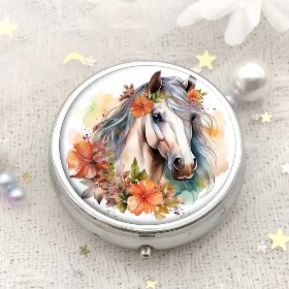 SALE  -  1pc.  Chic Watercolor Horse & Floral Crown Pill Box -  NEW